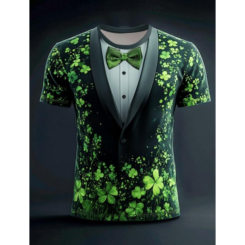 St. St. Patrick's Day Muster T-Shirt Für Herren Kleeblatt Fake Anzug 3D Gedruckte T-Shirts Lässig Unisex Kurzarm Rundhals Oberteil Street T-Shirts