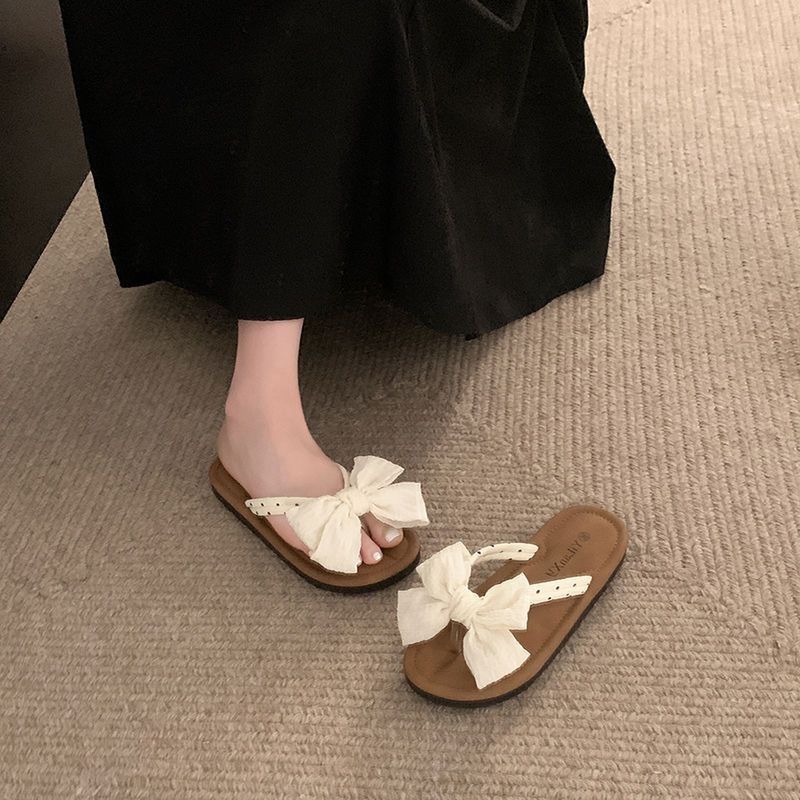 Women's Slippers and Ladies Sandals with Bow on Beach Shoes Flat Flip Flops Slides Summer 2025 Sale Luxury Elegant Fashionable