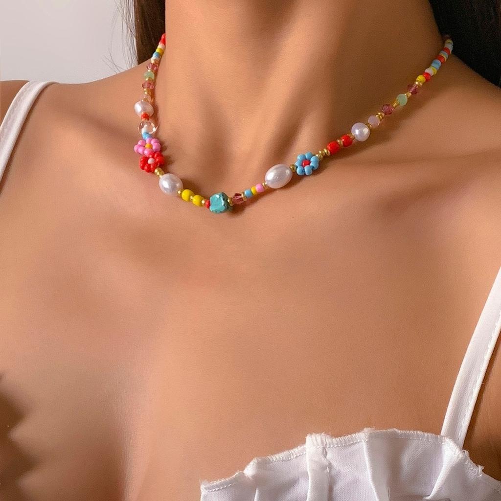 Flower Decor Beaded Necklace Handmade Colorful Vintage Clavicle Chain Rainbow Seed Beads Imitation Pearl Necklace