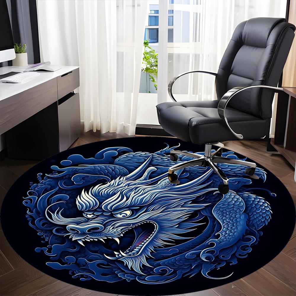 1pc Blue Dragon Design Chair Carpet for Office, Round Non Slip Durable Large Size Office Carpet, Suitable for Office