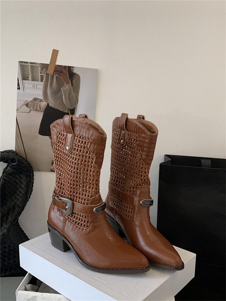 Boots women's summer 2025 new sense hollow woven thick heel cool boots western style belt buckle pointed fashion boots