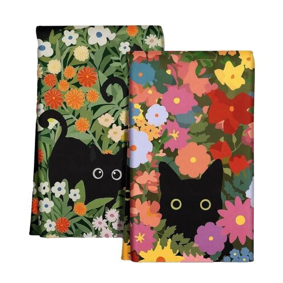 

2Pcs Dish Towel Colorful Cat Flower Pattern Super Water Absorbent Reusable Kitchen Towels Machine Washable Dish Rags B
