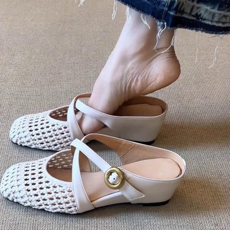 New Woven Hollowed Out Breathable Inner Heightened Baotou Half Slippers for Women with One-word Strap and Fashionable Cool Mop