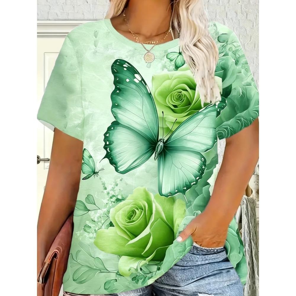 Beautiful Retro Colorful Butterfly Flowers 3D Printed Short Sleeved T-shirt Fashionable Comfortable Soft Breathable Large Loose Summer Womens T-shirt