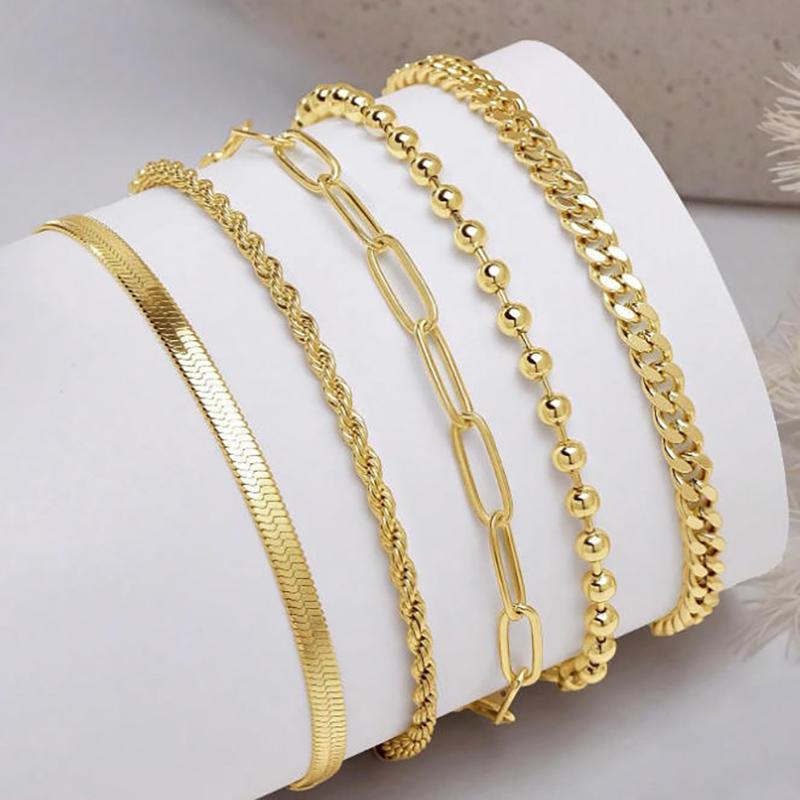 5Pcs Gold Color Bracelets Set For Women Dainty Beaded Cuban Paperclip Chain Adjustable Multilayer Trendy Jewelry Accessories