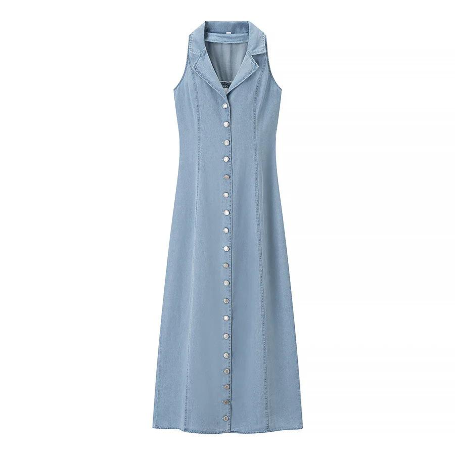Dames Turn-down Kraag Mouwloos Denim Maxi Jurk Slim Fit Hoge Taille Streetwear Hemd Jurk