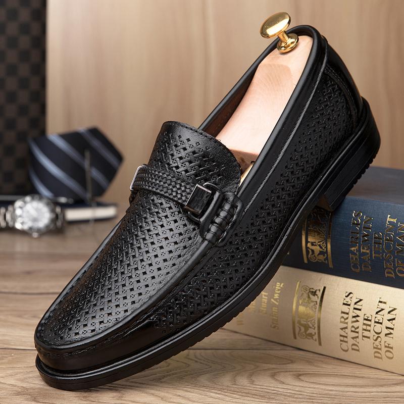 Luxury Brand Genuine Leather Loafers Shoes Round Toe Slip-On Summer Breathable Shoes Mens Business Causal Walking Driving Shoes