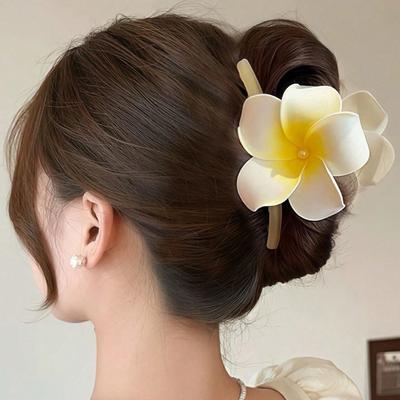 1pc Women's Plastic Large Plumeria Hair Claw Clip, Elegant Floral Bun Maker, Beach Holiday Casual Hair Accessory, Suitable For All Seasons Hair Clips