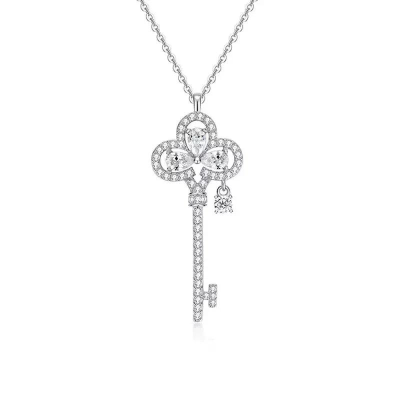 

S925 Silver Key Pendant Necklace for Women , Full Diamond Setting , Light Everyday & Party Jewelry , High Appearance Col 925 silver белый
