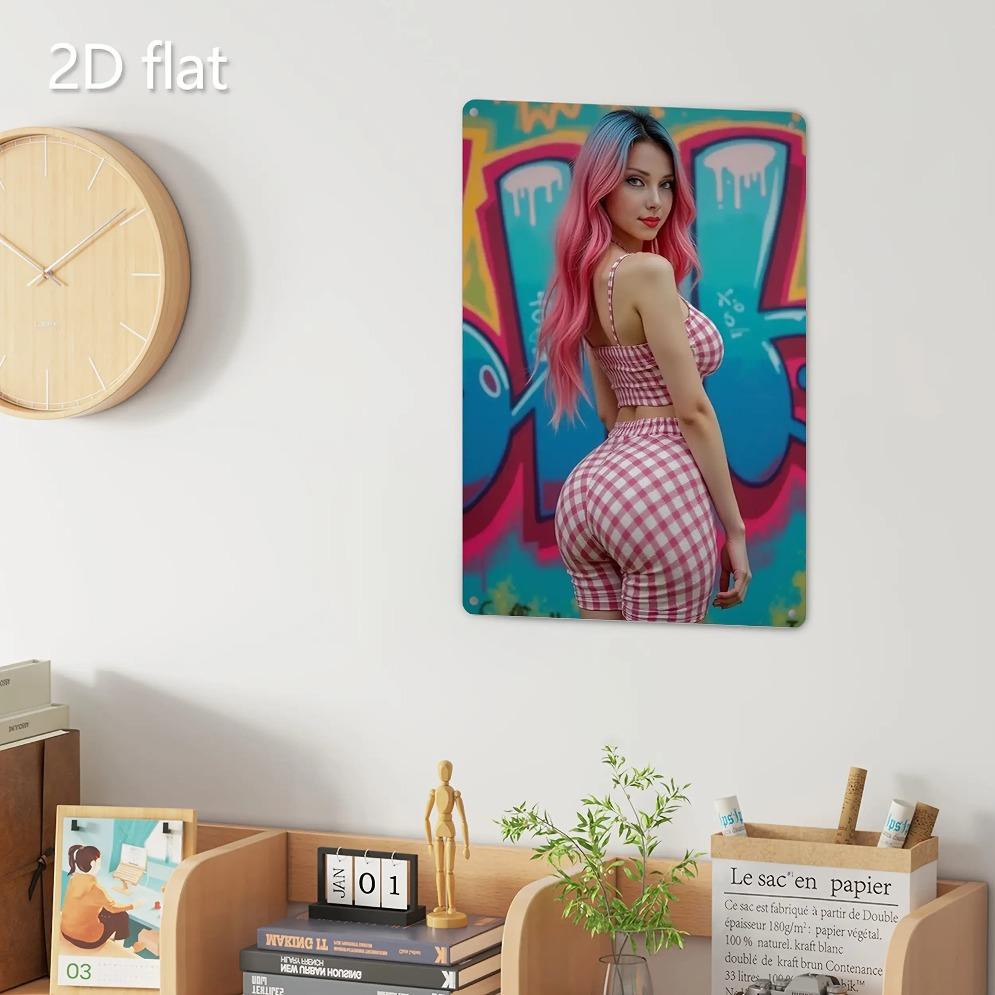Vintage Graffiti Metall Wandkunst - Mädchen mit rosa Haaren kariertes Outfit Wasserdicht Aluminium Hängedekoration für Zuhause Büro Halloween Christ