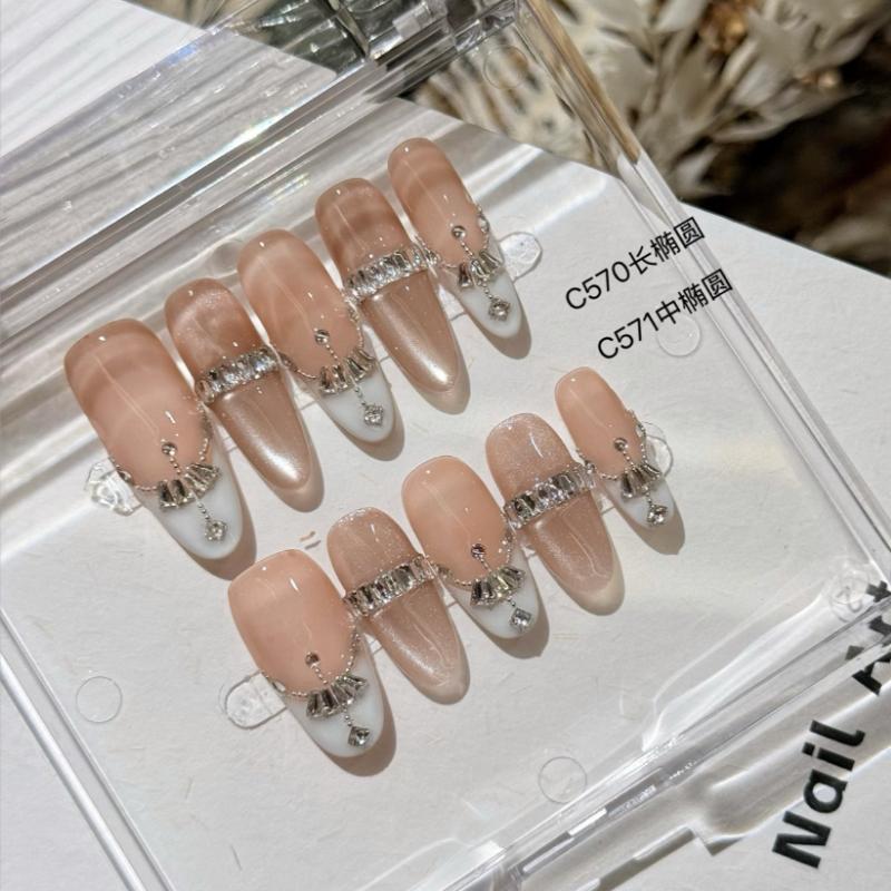10Pcs Handmade Long Almond Nude French Fake Nails with Silver Chain & Rhinestone Accents XS
