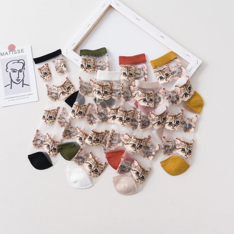 Women Transparent Cute Cat Socks Ladies Japanese Fashion Korean Trendy Summer Thin Crystal Silk Sock Glass Fiber Stocking