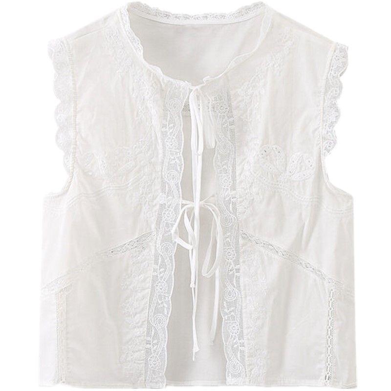 

Women s Spring Clothing Slim Looking All-Matching Sleeveless Embroider Bows White XS