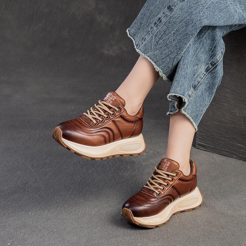 Fashion GKTINOO Lace-up Sports Women's Flat Shoes Genuine Leather Sneakers Height Increasing Handmade Comfortable Platform Sneakers