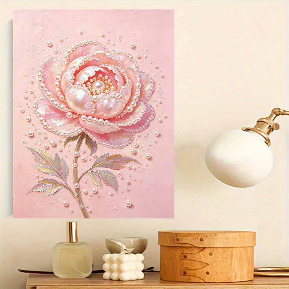Elegant Pink Peony Flower 5D Pearl Painting Kit with Frame DIY Sparkling Bead Canvas Art Relaxing Craft for Girls Room Decor Aesthetic Gift