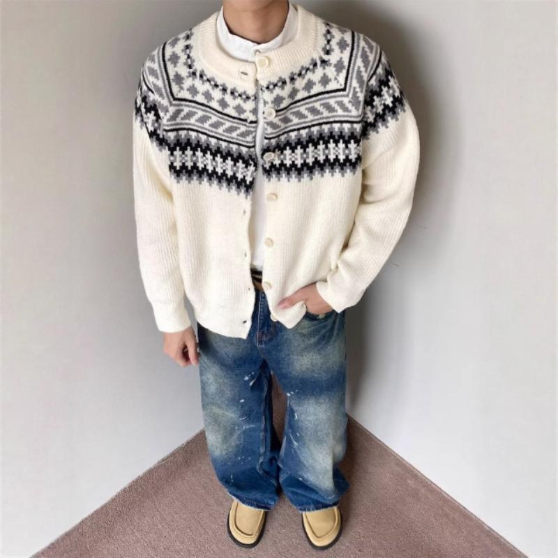Fair Isle Crew Neck Cardigan Sweater Unisex Knit Jacquard Coat Autumn Winter New Arrival Loose Raglan Long Sleeve Top