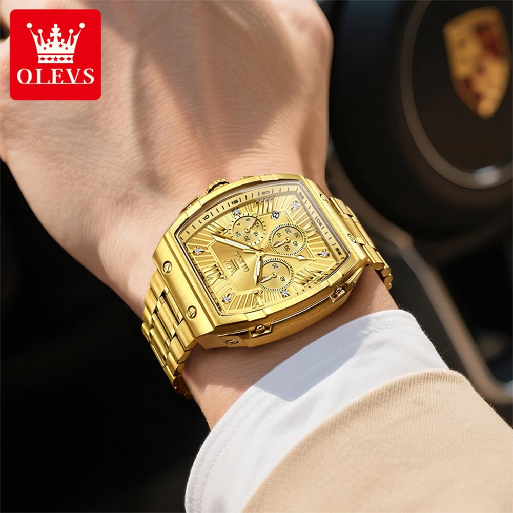 OLEVS Tonneau Watch Men Luminous Waterproof Date Stainless Steel Chronograph Quartz Watches for Men