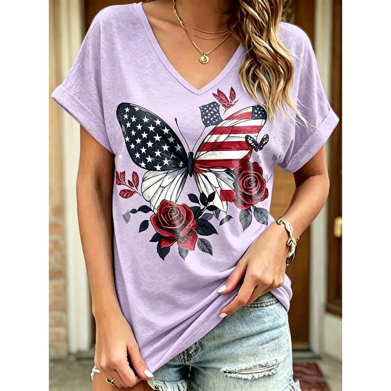 

Women s Vintage American Flag Graphic V Neck T Shirt, Short Sleeve Regular Tops, Daily Weekend Casual Outfit for Spring & Summer S