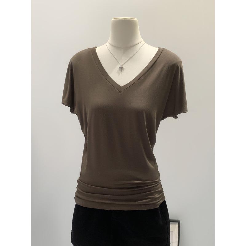 Retro V-Neck Short Sleeve T-Shirt - Women's Spring/Summer Basic Slim Mid-Length Top