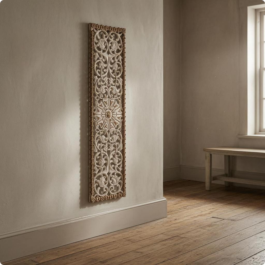 Floral Scroll Wall Plaque Medallion Design Vintage Wooden Decor Beige Brown