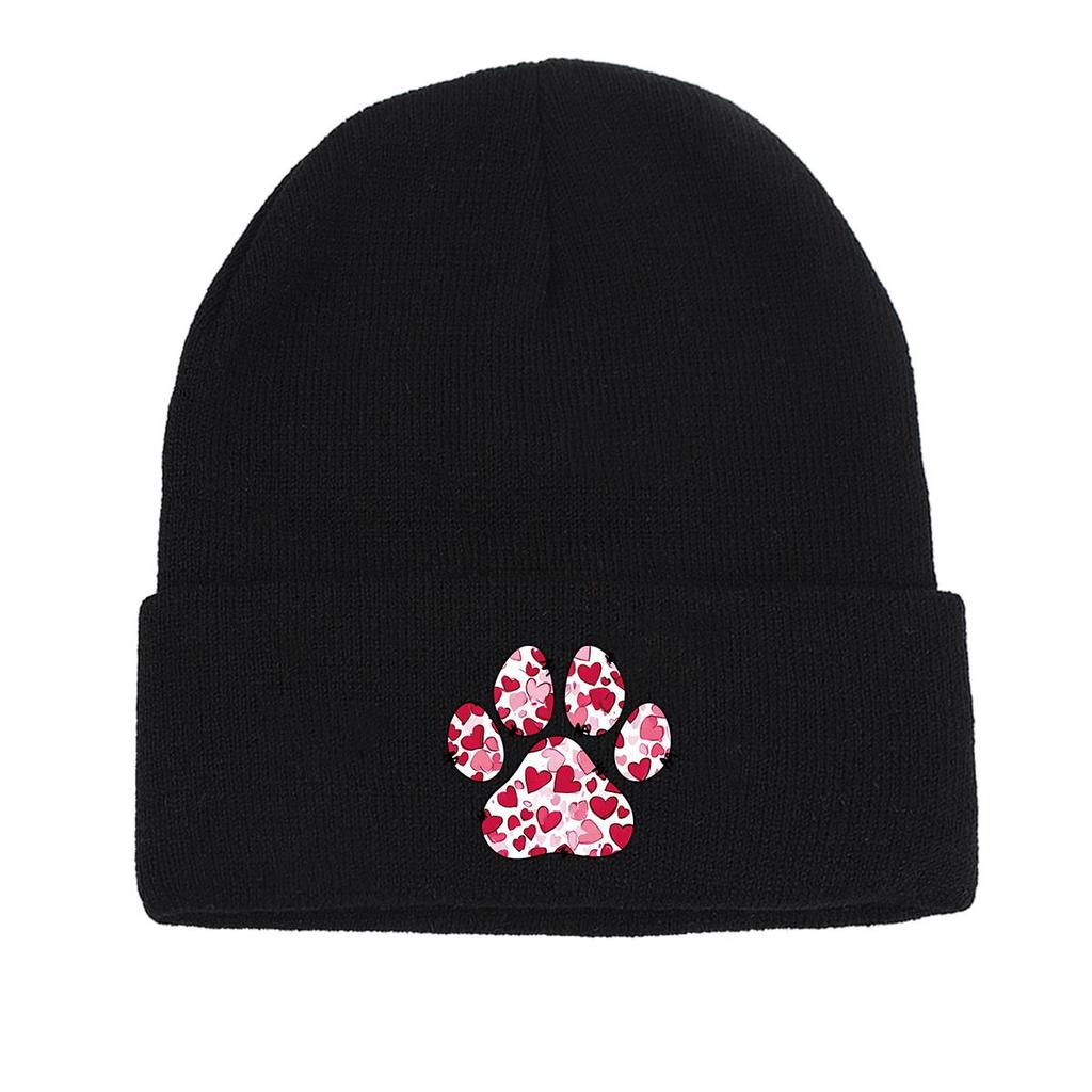 Dog Cat Paw Print Heart Knit Hat Beanie, Valentine's Day "XOXO LOVE KISS", Cozy Stylish Knitted Cap Beanie