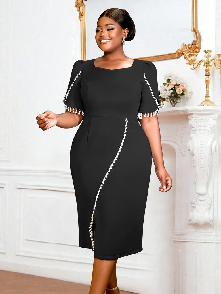 Storlek Dam Pärlbeströdd Puffärmad Fyrkantig Halsringning Elegant Bodycon-klänning