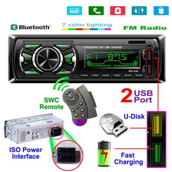 Car MP3 Player FM Radio 3 Inch Large LED Segment Displays AUX Input USB Fast Charging Function DC 12V With Wireless Steering Wheel Remote Control