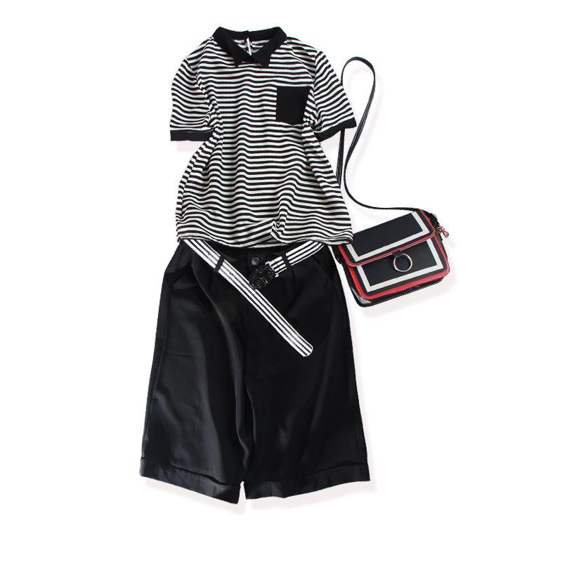 

Anti-Aging Outfits Pants Hemming Details Ice Silk Stripes Small Pointed Collar T-shirt + Polyester Yarn Fifth Wide-Leg Pants Women s Summer Black Old powder BI into the rebate benefits
