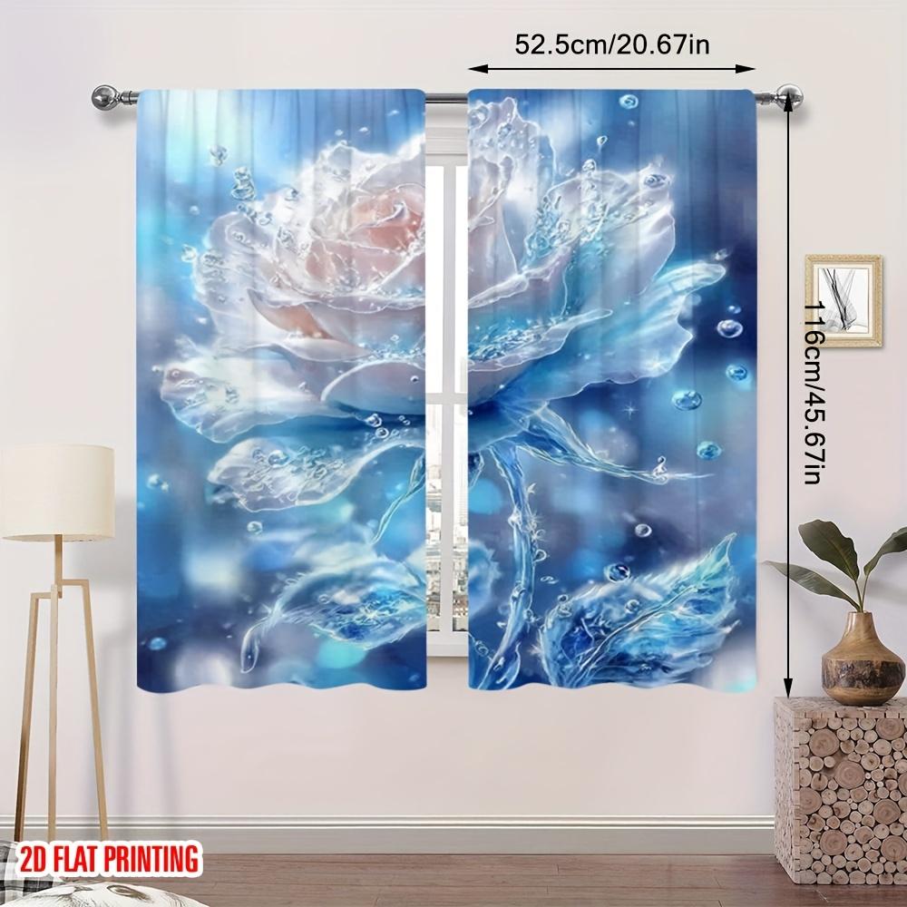 2 Pcs 2D Winter Christmas Curtains – Blue Icy Lake with Roses Print Polyester for Bedroom & Living Room Decor