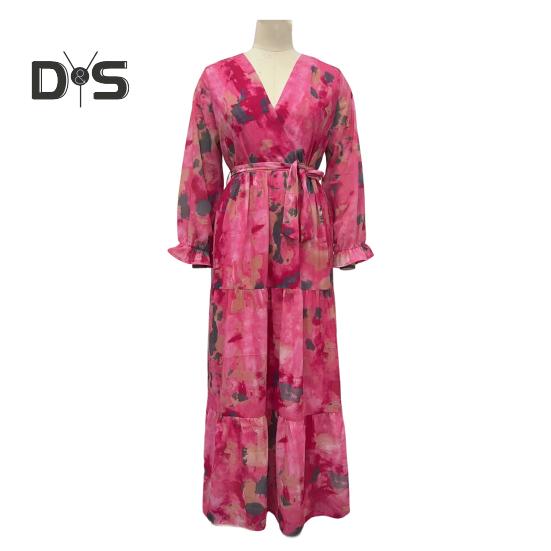 Women Evening Dress Patchwork V Neck Lace-up Waist Bohemian Style Lantern Sleeves Pleated Chiffon Colorful Print A-line Big Hem Maxi Dress