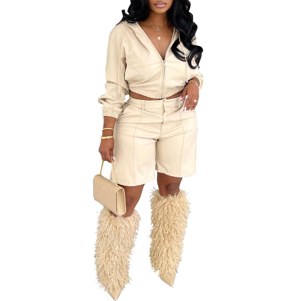 Women's European Hooded Leather Jacket & Shorts Set - Long Sleeve Casual Autumn/Winter Fashion Outerwear.