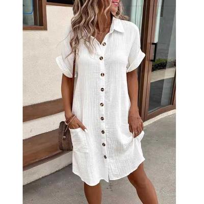 Fashion Casual Solid Short Sleeve Loose Casual Dress for Women Summer Single Breasted Solid Shirt Dress Women Solid Lapel Simple Elegant Dresses 26640