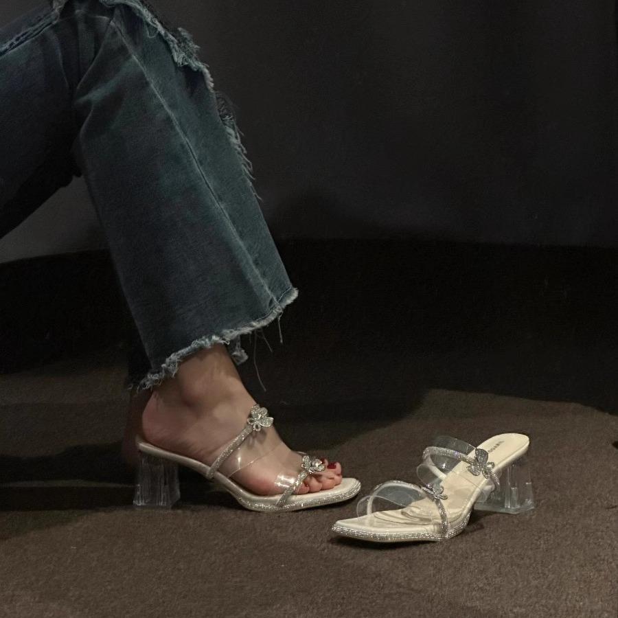 Popular women's shoes summer new sandals women's medium heel crystal heel high heel thick heel two wear rhinestones outside wear cool slippers