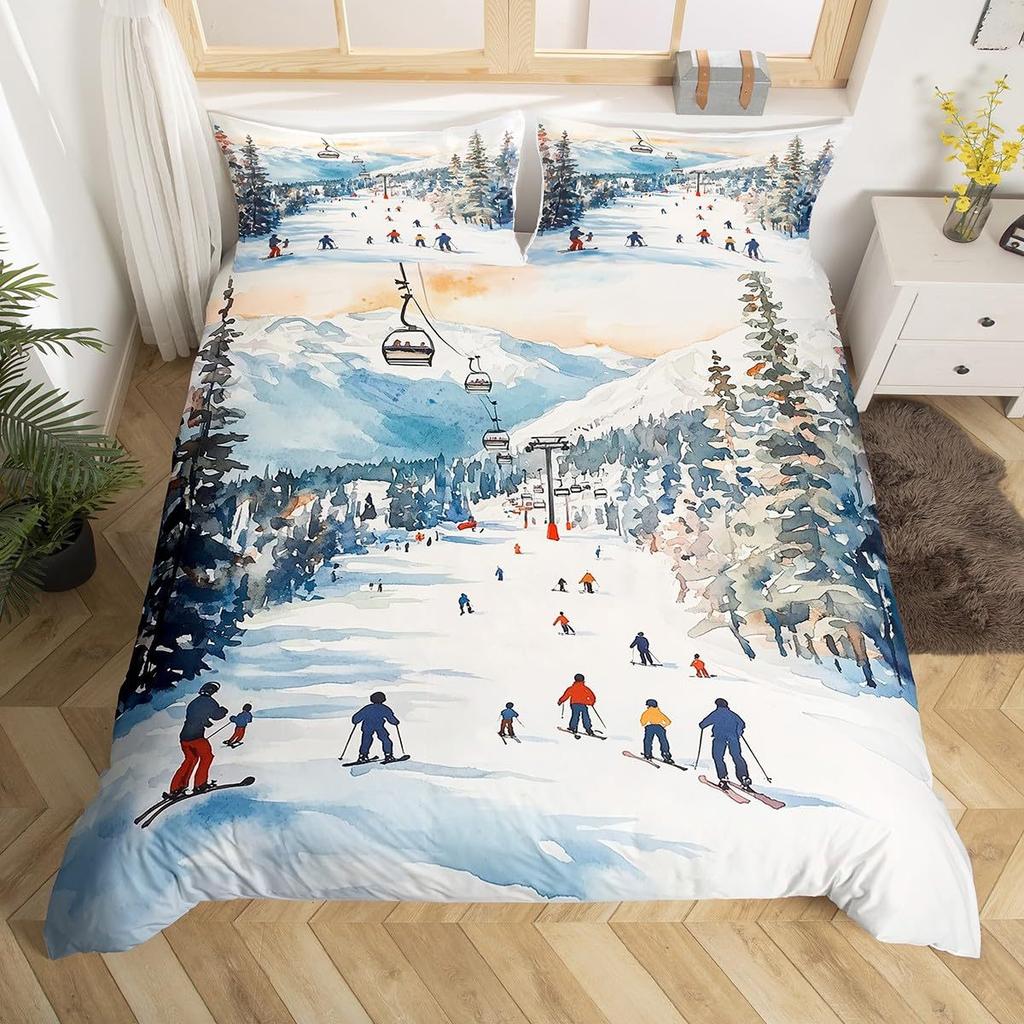 Ski Theme Duvet Cover Green Pine Cable Car Bedding Set Country Style Three-Piece Set