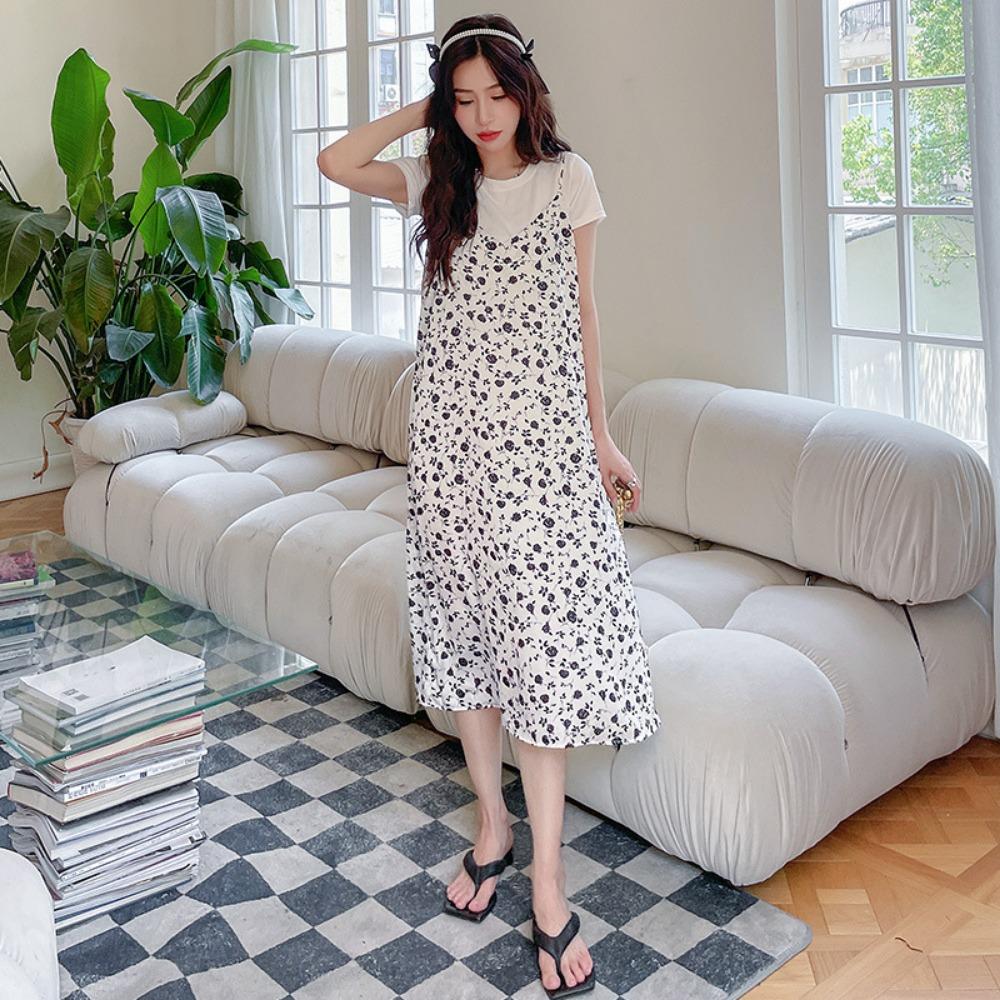 New Suspender Pajamas Women's Spring, Autumn and Summer Ice Silk Thin Small Floral Japanese Sweet Extended Nightgown Internet Celebrity Spot