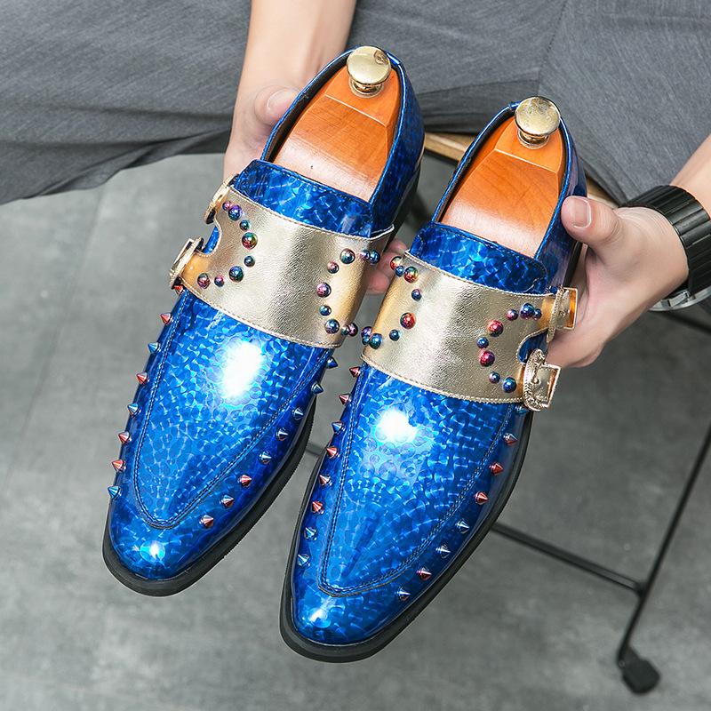 Couple Blue Enchantress Chelsea Boots Pointed Large Size High Heel Men's Leather Shoes Metal Spike Loafers