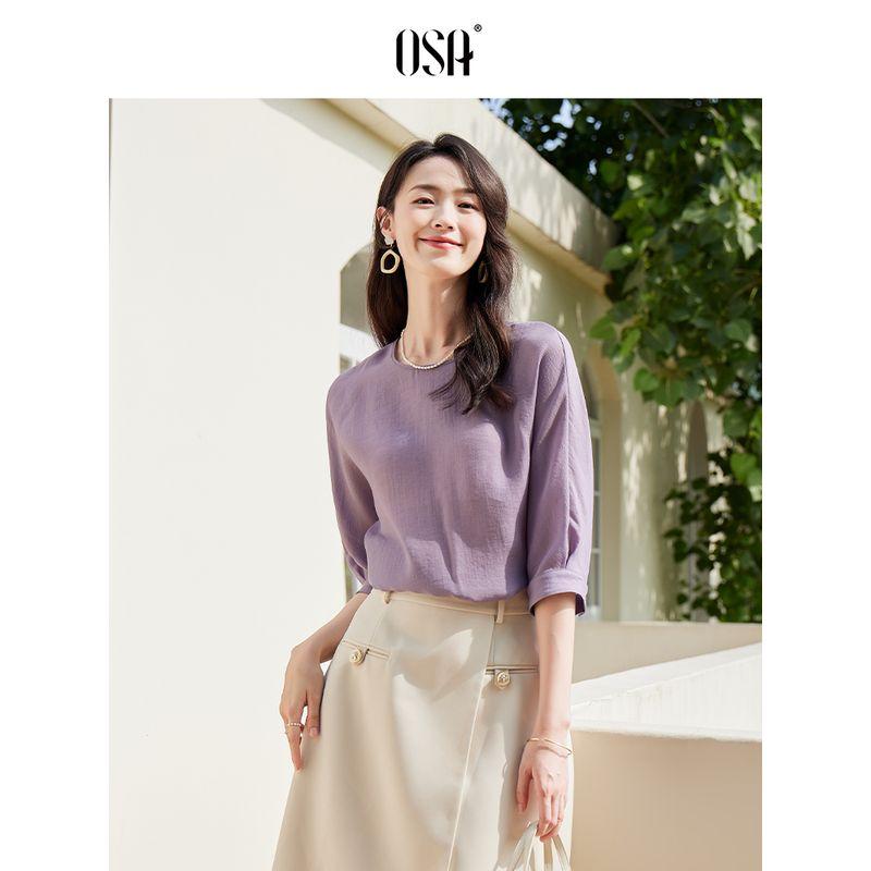 

OSA OSHA Loose Three-Quarter Sleeve Tencel Chiffon Shirt Gray Blue S