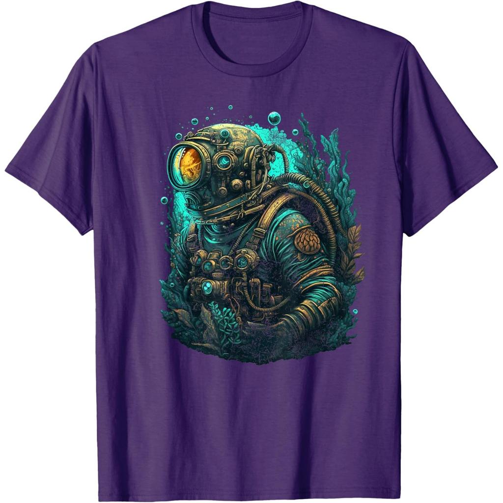 Steampunk Deep Sea Diver Graphic Tee Retro Scuba Suit Print Mens Casual Tshirt