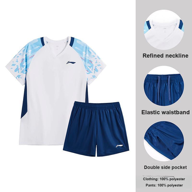 Li Ning Badminton Series Color Block Quick-Dry Breathable Training Competition Short Sleeve Shorts Casual Sports Suit Unisex suit AATV077-2