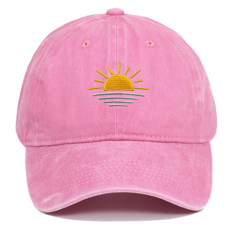 Unisex Vintage Washed Baseball Cap - Embroidered Beach Sunrise, Breathable & Sun Protective for Summer Outdoor Activities