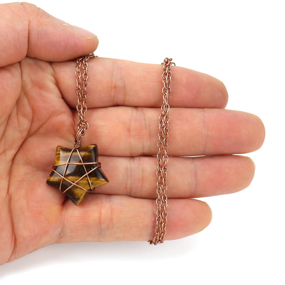 Hand-Wound Retro Natural Crystal Agate Pentagram, Amethyst Star Necklace N582