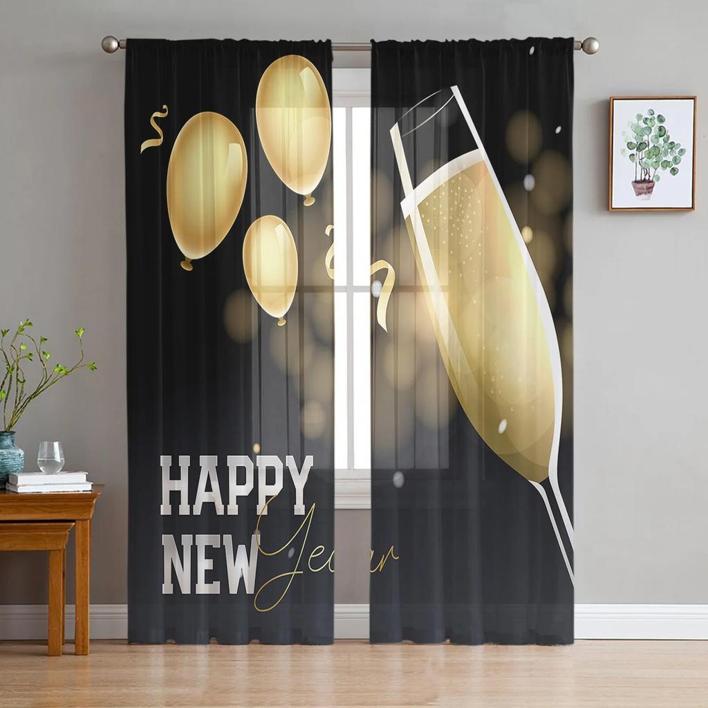 Zimní Nový rok Sklenice na víno Ohňostroj Průhledné závěsy Do obývacího pokoje Ložnice Tyl Do kuchyně Voile Závěsné panely