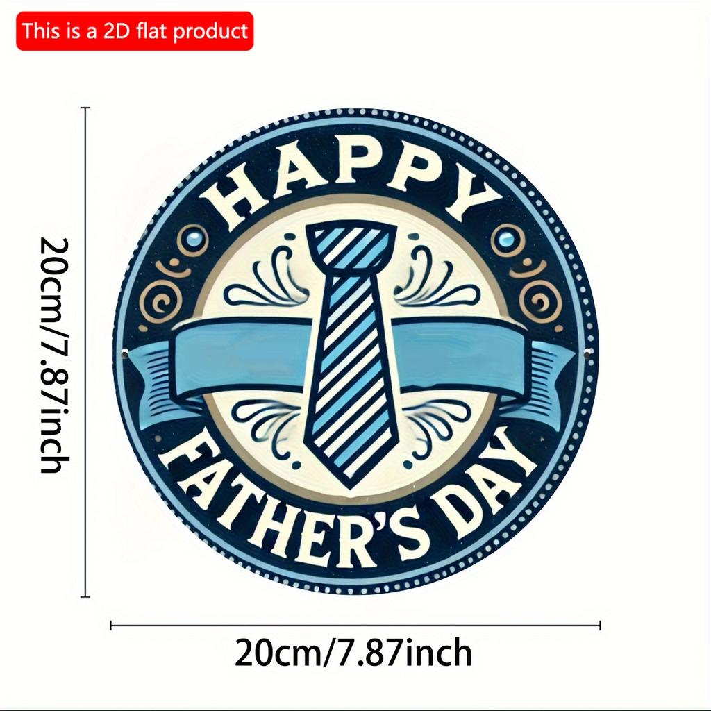 2D Flach 20*20cm Retro Holz Vatertagskranz, Rundes Wandbild Entworfen mit "Happy Father's Day", Blaue Krawatte und Dekoration, für Garten, Schlafzimmer, Café.