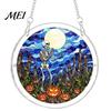 Decorative Glass Effect Pendant Halloween Acrylic Puzzle Window Suncatcher, Stained Style Hanging Ornament Retro Skeleton Pumpkin Crow with