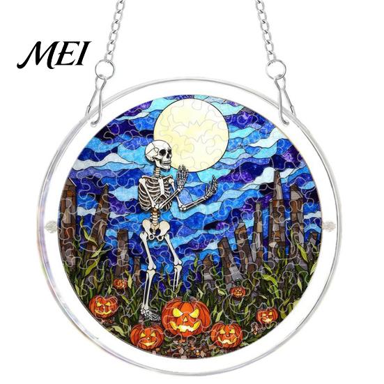Decorative Glass Effect Pendant Halloween Acrylic Puzzle Window Suncatcher, Stained Style Hanging Ornament Retro Skeleton Pumpkin Crow with
