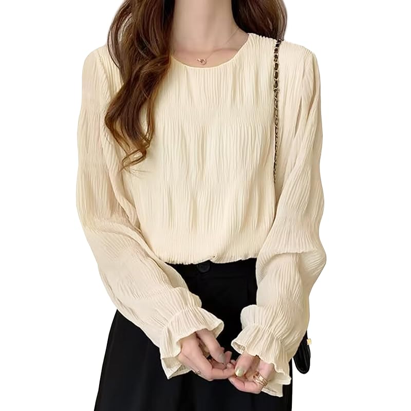 

[OKJCON] shirt blouse ladies long sleeve spring chiffon formal office Relaxing Plain color Fashionable big size (JP, alphabet, XL, beige)