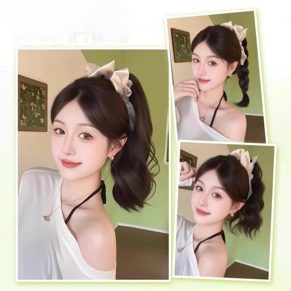 Synthetic Women's Simulation Wavy Curl Playful Braided Bow Clip-on Ponytail Wig Hair Extensions 35CM