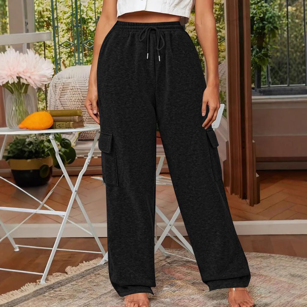 Solid Color Casual Sports Loose Pocket Drawstring Women's Sweatpants