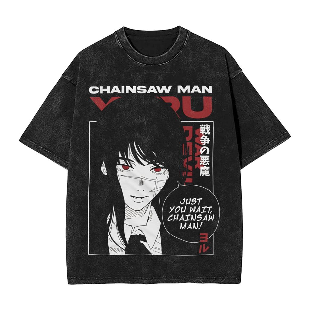 Anime Chainsaw Man Yoru T Shirt Hip Hop Gothic Washed Oversized TShirt Men Women Clothing Short Sleeve Cotton Tees Tops