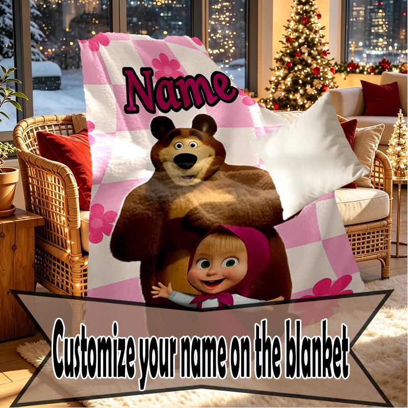 Custom Name Personalized Masha and The Bear Print Blankets, Home Decor, Bedroom, Sofa, Camping, Couch, Gifts for Birthday Christmas